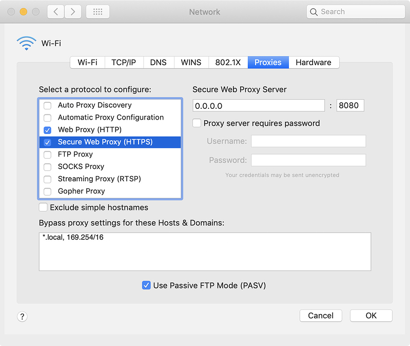 OSX Network Proxy Settings, set for HTTP and HTTPS
