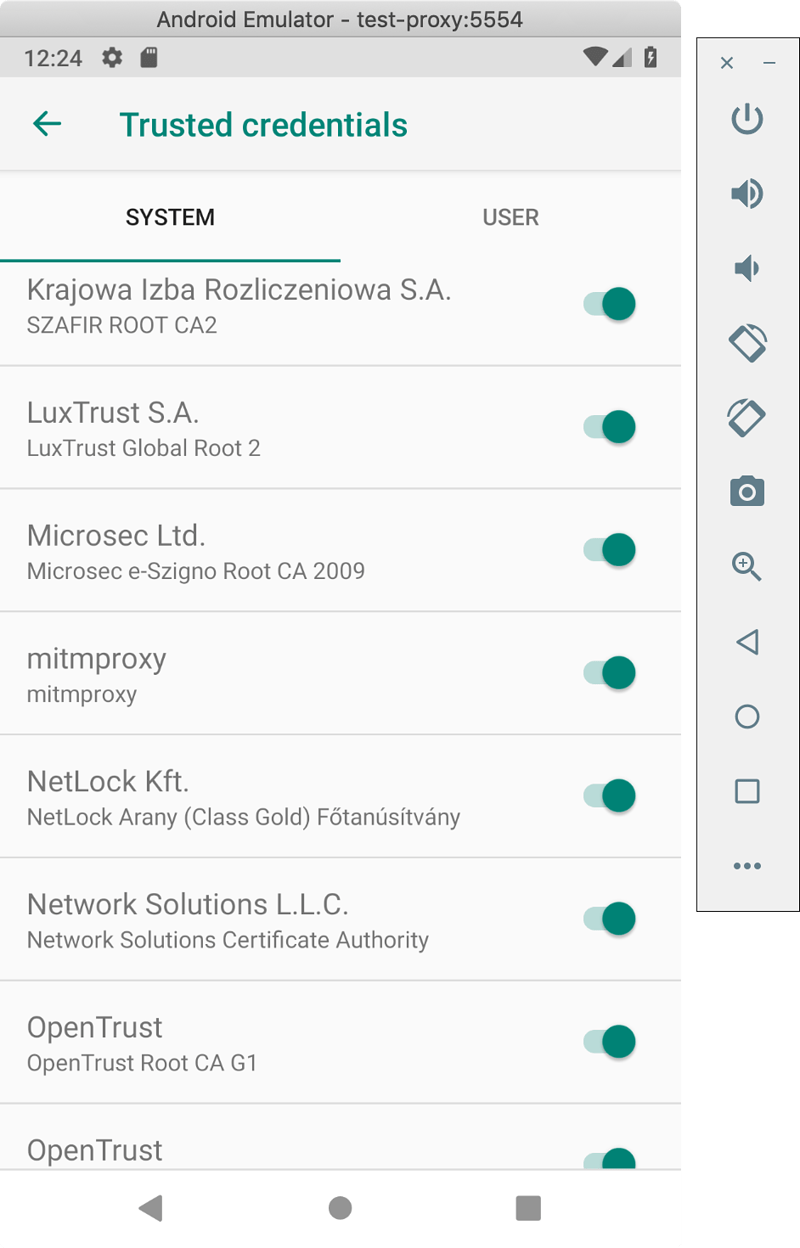 Android native settings app, showing mitmproxy in the System trusted certificate list