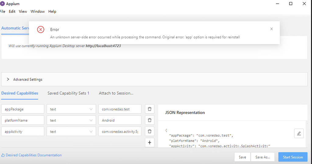 appium报错：An unknown server-side error occurred while processing the ...
