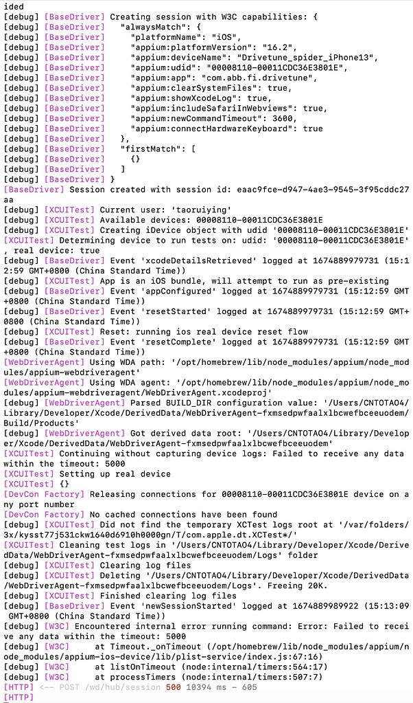 在做iOS自动化测试，使用appium inspector的时候，各项填写正确后，点start报这个错Failed to create